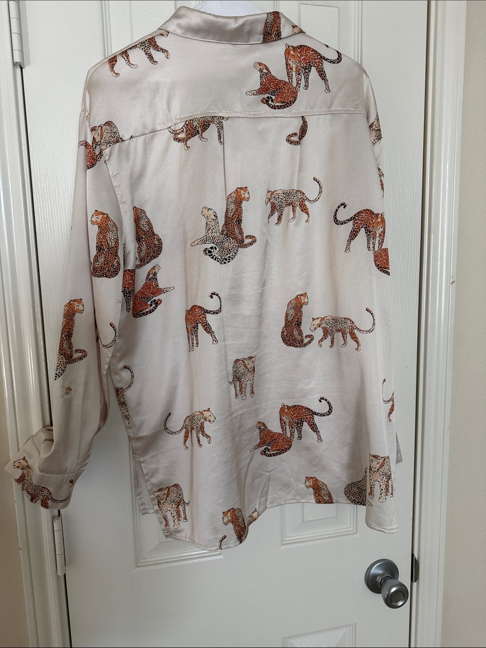 Satin Leopard Print Button-Up Shirt - Cream/Tan - Picture 4 of 4